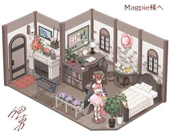  animal_ears bed bird_ears bird_tail bird_wings black_wings book bookshelf bow bowtie brown_hair bucket clock closed_mouth commentary commission cross_section cup door dress english_commentary female fireplace flower green_eyes hat highres indie_virtual_youtuber indoors itou_(mogura) magpie_(vtuber) pink_bow pink_bowtie pink_dress pink_flower pink_footwear pink_hat plant potted_plant second-party_source shoes skeb_commission smile solo tail teacup teapot twintails unworn_hat unworn_headwear virtual_youtuber watering watering_can wide_shot window wings wooden_bucket 