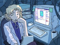  akagi_ritsuko blonde_hair blue_eyes book book_stack chair cigarette coffee_mug computer_keyboard computer_mouse crt cup desk eyebrows_hidden_by_hair female highres indoors lab_coat limited_palette long_sleeves looking_at_viewer monitor mug neon_genesis_evangelion oekaki on_chair psicochurroz purple_shirt shirt sitting smoking solo steam sticky_note templeos 