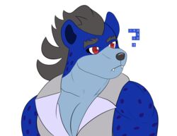  2023 alpha_channel anthro blue_body blue_fur clothed clothing confusion eyebrows fur grey_eyebrows grey_hair hair hi_res hyena kazuhisa kbh_kazuhisa kemoteto_yakuza_project male mammal red_eyes solo spotted_hyena 