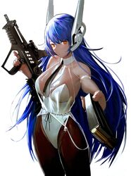  absurdres assault_rifle blue_hair breasts bullpup female ganet_p girls&#039;_frontline gun highres holding holding_magazine_(weapon) iwi_tavor leotard long_hair magazine_(weapon) necktie official_alternate_costume pantyhose playboy_bunny rifle robot_ears see-through tar-21_(girls&#039;_frontline) tar-21_(night_at_the_bar)_(girls&#039;_frontline) weapon white_background white_leotard yellow_eyes 