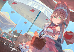  animal_ears antique_radio bird_ears bonnet bow bow_choker bowtie bread brown_hair choker closed_mouth commentary commission day dress english_commentary female food gloves green_eyes groceries hair_between_eyes hand_up indie_virtual_youtuber looking_at_viewer magpie_(vtuber) outdoors parasol peroncho pink_dress red_bow red_bowtie red_choker second-party_source skeb_commission smile solo_focus thank_you umbrella virtual_youtuber white_gloves 