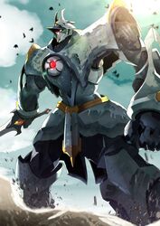  bird clenched_hand cloud glowing glowing_eyes ground_shatter highres holding holding_sword holding_weapon mecha no_humans red_eyes robot sakusakusakurai solo standing susanoo_(yamato_takeru) sword weapon yamato_takeru 