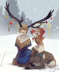  1other :d antler_ornament antlers black_eyes blonde_hair blue_dress capelet centauroid christmas christmas_ornaments commentary covered_eyes dress english_commentary female hair_over_eyes horns lolicon medium_hair mullmull02 open_mouth original pointy_ears sami_clothes sitting smile snow snowing taur twitter_username 