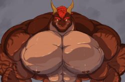  2020 anthro big_muscles dragon european_mythology fangs hair hi_res horn huge_muscles hyper hyper_muscles looking_at_viewer male muscular muscular_anthro muscular_male mythological_creature mythological_scalie mythology nipples nude panscolipede red_hair red_nipples scalie sharp_teeth short_hair smile solo teeth western_dragon 