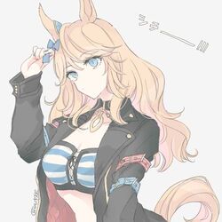  animal_ears arm_belt arm_up bandeau black_jacket blonde_hair blue_eyes bow breasts cleavage collar ear_bow female gold_city_(umamusume) grey_background hand_up horse_ears horse_girl horse_tail inutose jacket long_hair long_sleeves looking_up midriff open_clothes open_jacket small_breasts solo tail twitter_username umamusume upper_body 