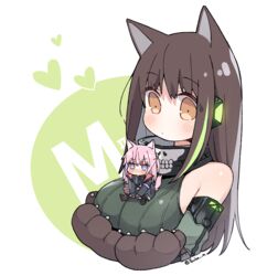  2girls animal_ears animal_hands bad_id bad_twitter_id blue_eyes blush breasts brown_eyes brown_hair chibi commentary_request girls&#039;_frontline green_hair jacket korean_commentary large_breasts long_hair long_sleeves m4a1_(girls&#039;_frontline) m4a1_(mod3)_(girls&#039;_frontline) mask mini_person minigirl multicolored_hair multiple_girls pink_hair scarf sitting skull_mask st_ar-15_(girls&#039;_frontline) st_ar-15_(mod3)_(girls&#039;_frontline) streaked_hair tsuka white_background 