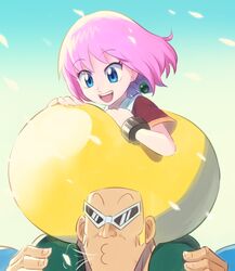  1boy afro beauty_(bobobo-bo_bo-bobo) blonde_hair blue_eyes bobobo-bo_bo-bobo bobobo-bo_bo-bobo_(character) carrying chiha_bobobo commentary_request earrings female jewelry open_mouth pink_hair protected_link short_hair shoulder_carry smile sunglasses 