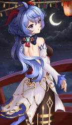  absurdres ahoge back backless_outfit black_pantyhose blue_hair blush bow breasts crescent_moon detached_sleeves female from_behind ganyu_(genshin_impact) genshin_impact gold_trim highres horns long_hair looking_at_viewer looking_back medium_breasts milira moon night open_mouth pantyhose purple_eyes solo standing thighlet waist_cape white_sleeves 