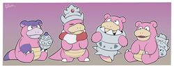  2020 anthro biped closed_eyes cute_fangs galarian_form galarian_slowbro generation_1_pokemon generation_2_pokemon generation_6_pokemon generation_8_pokemon group hi_res mega_evolution mega_slowbro multicolored_body nintendo pink_body pokemon pokemon_(species) regional_form_(pokemon) simple_background sitting slightly_chubby slowbro slowking thepandobo two_tone_body 