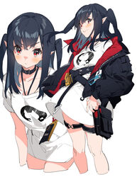  arknights belt black_belt black_choker black_hair black_jacket blush breasts choker closure_(arknights) cropped_legs female halterneck jacket liyu_li long_hair long_sleeves looking_at_viewer multiple_views no_pants open_clothes open_jacket pointy_ears pouch red_eyes shirt short_sleeves simple_background small_breasts standing t-shirt thigh_strap thighs two_side_up v-shaped_eyebrows white_background white_shirt 