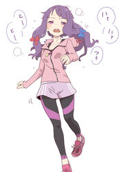  absurdres alternate_costume black_leggings blue_bow bow commentary_request female hairbow heart highres hood hooded_jacket jacket kawayabug leggings long_hair long_sleeves looking_at_viewer open_mouth partial_commentary patchouli_knowledge pink_jacket purple_eyes purple_hair purple_shorts red_bow red_footwear running shoes shorts simple_background solo sweat touhou white_background 