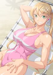  arm_behind_head arm_up armpits bare_shoulders beach beach_chair blonde_hair breasts cleavage clothing_cutout collarbone commentary_request commission covered_navel cowboy_shot day earrings eyebrows_hidden_by_hair female green_eyes grin groin gundam gundam_tekketsu_no_orphans hair_between_eyes heart heart_earrings highres jewelry lafter_frankland large_breasts long_hair looking_at_viewer one-piece_swimsuit ozaneko pink_nails pink_one-piece_swimsuit shadow side_cutout single_sidelock sitting skeb_commission smile solo swimsuit taut_clothes taut_swimsuit teeth tree_shade twintails 