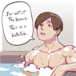  1boy bathtub brown_eyes brown_hair bubble commentary english_commentary english_text i&#039;m_not_at_the_beach_this_is_a_bathtub_(meme) kajin_(kajinman) leon_s._kennedy male_focus meme partially_submerged resident_evil solo speech_bubble water 