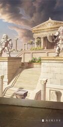  artist_name building bush chinese_commentary chinese_text cloud commentary day fantasy greek_mythology highres marble_(stone) marble_sculpture moonslanstudio no_humans original pillar plant scenery sky stairs statue tree 