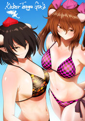  2girls autumn_leaves bare_shoulders bikini black_bikini blue_background blush breasts brown_bikini brown_eyes brown_hair closed_mouth collarbone english_text eyes_visible_through_hair gradient_background hair_between_eyes hair_ribbon halterneck hat highres himekaidou_hatate koyubi_(littlefinger1988) leaf leaf_print long_hair looking_at_viewer medium_breasts multiple_girls navel open_mouth pink_bikini pink_headwear pink_ribbon plaid plaid_bikini pointy_ears pom_pom_(clothes) red_headwear ribbon shameimaru_aya short_hair side-tie_bikini_bottom smile standing swimsuit teeth tokin_hat touhou twintails 