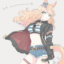  animal_ears arm_at_side bandeau belt black_jacket blonde_hair blue_eyes bow breasts closed_mouth collar crop_top denim denim_shorts ear_bow female floating_hair gold_city_(umamusume) grey_background horse_ears horse_girl horse_tail inutose jacket long_hair long_sleeves midriff navel open_clothes open_jacket short_shorts shorts simple_background small_breasts smile solo tail thigh_strap twitter_username umamusume 