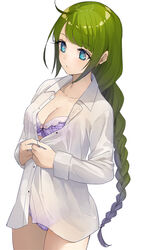  ahoge banned_artist blue_eyes bra braid breasts cleavage collared_shirt commentary dress_shirt female green_hair highres kantai_collection long_hair long_sleeves medium_breasts panties plaid plaid_bra plaid_panties purple_bra purple_panties revision sayori_(oskn) see-through shirt simple_background solo standing unbuttoning underwear undressing very_long_hair white_background yuugumo_(kancolle) 