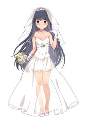  blue_hair blush bouquet breasts bridal_gauntlets bridal_veil bride cleavage collarbone commentary dress female flower high_heels highres hotaru_iori ichimi_renge implied_yuri long_hair looking_to_the_side purple_eyes second-party_source see-through shima_rin shoes small_breasts solo veil very_long_hair wedding_dress yurucamp 