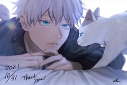  1boy animal blue_eyes dated feline gojou_satoru hair_between_eyes highres jujutsu_kaisen kuropani_cos lying male_focus on_stomach parted_lips short_hair signature smile solo upper_body white_background white_hair 