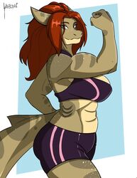  abs anthro breasts female fish hair hi_res jwinkz marine muscular muscular_anthro muscular_female non-mammal_breasts shark solo sylla_lowe 