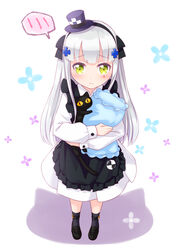  aged_down animal apron black_apron black_bow black_cat black_footwear black_hairband blush bow closed_mouth commentary_request dress facial_mark feline female frilled_apron frills full_body girls&#039;_frontline green_eyes grey_socks hair_ornament hairband hairbow harada_(sansei_rain) hat highres hk416_(black_kitty&#039;s_gift)_(girls&#039;_frontline) hk416_(girls&#039;_frontline) hugging_object loafers long_sleeves mini_hat official_alternate_costume pillow pillow_hug pleated_dress puffy_long_sleeves puffy_sleeves purple_headwear ribbed_legwear shoes sleeves_past_wrists socks solo spoken_blush standing tilted_headwear white_background white_dress 