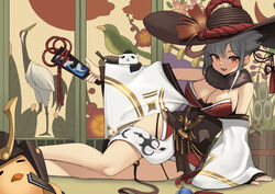  absurdres armor azur_lane badminton_racket breasts cleavage detached_sleeves earrings english_commentary female fur_collar grey_hair hape hat helmet highres japanese_armor jewelry kabuto_(helmet) large_breasts long_sleeves looking_at_viewer lounging lying manjuu_(azur_lane) medium_hair official_alternate_costume on_side open_mouth orange_eyes racket shouji sidelocks sitting skindentation sliding_doors smile solo suzutsuki_(azur_lane) suzutsuki_(suzutsuki_hanetsuki_adept!)_(azur_lane) tatami wide_sleeves 