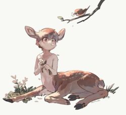  1boy animal animal_ears bird body_fur branch brown_eyes brown_fur brown_hair centauroid closed_mouth commentary deer_boy deer_ears deer_tail eating eating_flower flower holding holding_flower hooves horizontal_pupils lolicon male_focus monster_boy mullmull02 original short_hair simple_background sitting solo sparrow symbol-only_commentary tail taur twitter_username white_background 