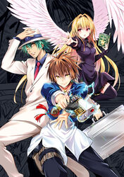  2boys black_cat_(series) blonde_hair brown_hair commentary_request eve_(black_cat) female green_hair gun hat long_hair looking_at_viewer medium_hair multiple_boys official_art paneled_background red_eyes sven_vollfied train_heartnet weapon wings yabuki_kentarou yellow_eyes 