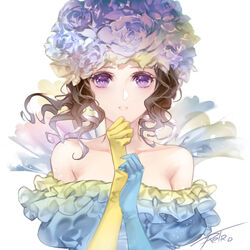  bare_shoulders breasts brown_hair curly_hair dress elbow_gloves female flower gloves hair_flower hair_ornament long_hair looking_at_viewer niji2468 princess_white_rose purple_eyes rose saga saga_frontier signature simple_background solo upper_body white_background 