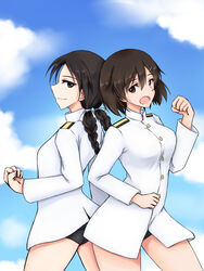  2girls back-to-back black_eyes black_hair blue_sky braid brave_witches breasts brown_eyes brown_hair clenched_hand cloud hair_between_eyes highres isosceles_triangle_(xyzxyzxyz) karibuchi_hikari long_hair looking_at_viewer medium_breasts medium_hair misumi_miya multiple_girls no_pants school_swimsuit shirt sky swimsuit thighs twin_braids white_shirt world_witches_series 