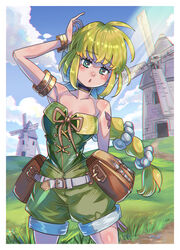  bare_shoulders belt bow breasts choker cloud female green_eyes green_hair hair_ribbon highres jewelry kuwango long_hair looking_at_viewer multi-tied_hair outdoors ponytail ribbon saga saga_frontier_2 shorts solo very_long_hair virginia_knights windmill 