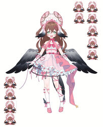  &gt;_&lt; :d animal_ears arms_at_sides artist_request bird_ears bird_tail bird_wings black_wings blush bonnet bow bowtie brown_hair dress expressions female flower gloves green_eyes hair_flower hair_ornament highres indie_virtual_youtuber long_hair looking_at_viewer magpie_(vtuber) pigeon-toed pink_bow pink_bowtie pink_dress pink_flower pink_footwear pink_rose rose second-party_source shoes simple_background smile socks tail virtual_youtuber white_background white_gloves white_legwear wings 