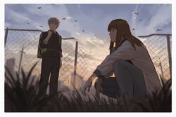  1boy backpack bag black_hoodie black_shirt blonde_hair bomber_jacket border chain-link_fence denim female fence grass high_tops highres hood hoodie jacket jeans kiruko_(tengoku_daimakyou) long_bangs maru_(tengoku_daimakyou) medium_hair outdoors pants post-apocalypse psylduck red_hair shirt shoes sneakers squatting sweatpants tengoku_daimakyou white_border white_jacket 