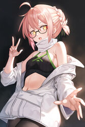  ahoge artoria_pendragon_(fate) bare_shoulders black_pantyhose black_shirt blonde_hair blush braid breasts detached_collar fate/grand_order fate_(series) female french_braid glasses hair_between_eyes hair_bun highres jacket long_hair long_sleeves looking_at_viewer medium_breasts mysterious_idol_x_alter_(fate) navel off_shoulder open_mouth pantyhose shinsaku_(stan-art) shirt sidelocks solo thighs white_jacket yellow_eyes 