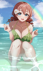  :d absurdres aqua_eyes beach bikini breasts brown_hair cleavage collarbone commentary drill_hair emma_verde female flower frilled_bikini frills green_bikini hair_flower hair_ornament hands_up highres jewelry large_breasts love_live! love_live!_nijigasaki_high_school_idol_club necklace ocean open_mouth orange_nails outdoors pukonuu rainbow sitting smile solo swimsuit twin_drills water white_flower 