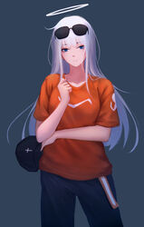  absurdres angel angel_girl_(shimmer) baseball_cap black-framed_eyewear black_hat black_pants blue_eyes breasts commentary eyewear_on_head female grey_background halo hand_up hat highres holding holding_clothes holding_hat long_hair looking_at_viewer medium_breasts orange_shirt original pants shimmer shirt short_sleeves simple_background solo standing sunglasses symbol-only_commentary unworn_hat unworn_headwear very_long_hair white_hair 