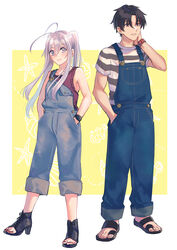  1boy 86_-eightysix- bad_id bad_pixiv_id black_hair casual denim female grey_hair hand_in_pocket hands_in_pockets overalls sandals shinei_nouzen shirt shousuke sleeveless smile striped_clothes striped_shirt t-shirt toeless_footwear vladilena_millize watch wristwatch yellow_background 