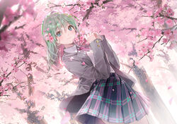  blazer blue_eyes blue_skirt blurry blurry_foreground cherry_blossoms closed_mouth collared_shirt commentary_request cowboy_shot day dsmile female flower green_hair grey_jacket hair_flower hair_ornament holding holding_flower jacket long_hair long_sleeves looking_at_viewer neck_ribbon original outdoors pink_flower pink_ribbon pink_skirt pink_theme plaid plaid_skirt pleated_skirt revision ribbon school_uniform shirt skirt smile solo tree white_shirt 