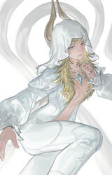  alternate_costume blonde_hair blue_eyes breasts center_opening female final_fantasy final_fantasy_xiv hood hood_up lmin long_hair looking_at_viewer medium_breasts no_bra official_alternate_costume ryne_waters solo white_background 