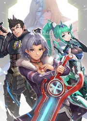  3boys alvis_(xenoblade) architect_(xenoblade) armor black_hair blonde_hair breasts chest_jewel cowboy_shot female fur_trim gonzarez green_hair grey_hair highres holding holding_sword holding_weapon jewelry large_breasts long_hair malos_(xenoblade) malos_monado monado multiple_boys pendant pneuma_(xenoblade) ponytail spoilers sword weapon xenoblade_chronicles_(series) xenoblade_chronicles_1 xenoblade_chronicles_2 zanza_(xenoblade) 