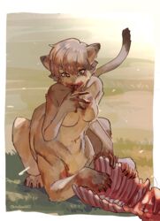  animal_ears blood blood_on_face blood_on_hands body_fur border breasts brown_eyes brown_fur brown_hair carcass cat_ears cat_tail centauroid claws completely_nude eating female hand_up licking licking_finger lion_ears lion_girl lion_tail medium_breasts monster_girl mullmull02 navel nude open_mouth original short_hair sitting solo tail taur twitter_username white_border 