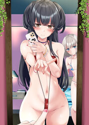  2girls bare_shoulders bikini black_hair blue_bikini blue_eyes blush bob_cut breasts brown_eyes cellphone closed_mouth collarbone female_pov full-length_mirror grey_hair highres holding holding_phone idolmaster idolmaster_shiny_colors long_hair looking_at_mirror looking_at_viewer mayuzumi_fuyuko medium_breasts meme mirror multiple_girls navel one_finger_selfie_challenge_(meme) phone pov red_slingshot_swimsuit reflection reflection_focus selfie serizawa_asahi shirosuzu slingshot_swimsuit small_breasts swimsuit thighs two_side_up 