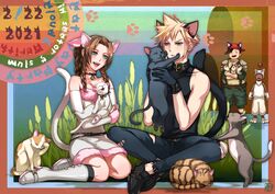  3boys aerith_gainsborough alternate_costume animal animal_ears animal_feet animal_hands armor asymmetrical_hair bandana black_hair black_pants black_shirt blonde_hair blue_eyes blush boots braid braided_ponytail breasts brown_hair cat_ears cat_tail cattail choker cleavage closed_eyes cloud_strife collar cosplay detached_sleeves dress dress_shoes feline female final_fantasy final_fantasy_vii final_fantasy_vii_remake gloves green_eyes green_shorts hair_ribbon halu-ca high_heel_boots high_heels highres holding holding_animal holding_cat medium_breasts moggie_(ff7r) moogle moogle_(cosplay) multiple_boys open_mouth pants parted_bangs paw_gloves paw_shoes plant red_bandana ribbon shirt short_dress shorts shoulder_armor sidelocks sleeveless sleeveless_dress sleeveless_turtleneck smile spiked_hair tail teeth turtleneck upper_teeth_only wedge_(ff7) 