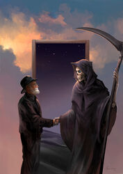  2boys absurdres beard black_headwear black_robe blue_eyes cloud commentary death_(discworld) death_(entity) desert discworld door doorway english_commentary facial_hair from_side glasses handshake hat highres holding holding_scythe hood looking_at_another male_focus multiple_boys photoshop_(medium) real_life revision robe sand sandara scythe signature skeleton skull sky standing star_(sky) star_(symbol) starry_sky terry_pratchett weapon 