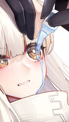  arknights bad_id bad_pixiv_id binggong_asylum blush clenched_teeth commentary_request female high_collar highres long_hair platinum_(arknights) portrait pouring simple_background solo_focus teeth uneven_eyes white_background white_hair yellow_eyes 