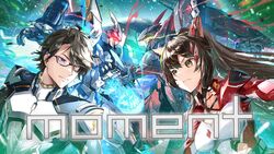  1boy animal_ears assault_visor black_hair breasts brown_eyes brown_hair eyeshadow female fox_ears fumi_(nijisanji) glasses glowing guren_kyubi kuri_giepi makeup mecha medium_breasts nav_hawk nijisanji nijisanji_id official_art open_hand pilot_suit red_eyeshadow robot science_fiction song_name taka_radjiman v-shaped_eyebrows virtual_youtuber 