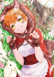  animal_ear_fluff animal_ears apron black_choker blush brown_gloves buckle capelet choker claw_pose commentary cowboy_shot dirt facial_tattoo female fingerless_gloves fur-trimmed_capelet fur_gloves fur_trim gloves grass hair_ornament hairclip hands_up hayaoki_(asagi-iro_seishun-bu) high-waist_skirt highres hood hooded_capelet hoshizora_rin looking_at_viewer love_live! love_live!_school_idol_project on_ground open_mouth orange_hair outdoors parted_bangs rabbit red_hood red_skirt short_hair sidelocks skirt smile solo_focus sweater tail tattoo tree tree_stump white_apron white_sweater yellow_eyes 