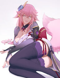  animal_ears armor ass black_footwear black_panties boots breasts bridal_gauntlets cleavage closed_mouth cosplay crossed_bangs feet_out_of_frame female flower fox_ears fox_girl fox_tail genshin_impact gradient_background grey_background hair_between_eyes hair_flower hair_ornament highres japanese_clothes ker0nit0 kimono large_breasts lips long_hair looking_at_viewer low-tied_long_hair lying mitsudomoe_(shape) on_side panties panty_peek pink_hair purple_eyes purple_kimono purple_thighhighs raiden_shogun raiden_shogun_(cosplay) shoulder_armor simple_background smile solo tail tassel thigh_boots thighhighs thighhighs_under_boots tomoe_(symbol) underwear vision_(genshin_impact) yae_miko 