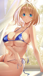  :o ahoge arm_support arm_under_breasts backlighting bare_arms bare_shoulders bikini blonde_hair blue_bikini blue_eyes blue_ribbon blush breasts cleavage collarbone curtains day female hair_between_eyes highres indoors large_breasts leaning_back looking_at_viewer navel original parted_lips ribbon short_hair side-tie_bikini_bottom sideboob sitting skindentation solo sophia_f_shirring sunlight swimsuit takamine_nadare thighs underboob window 