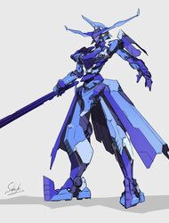  assault_visor grey_background holding holding_sword holding_weapon mecha mechanical_skirt no_humans original robot sa/tsu/ki solo standing sword weapon 